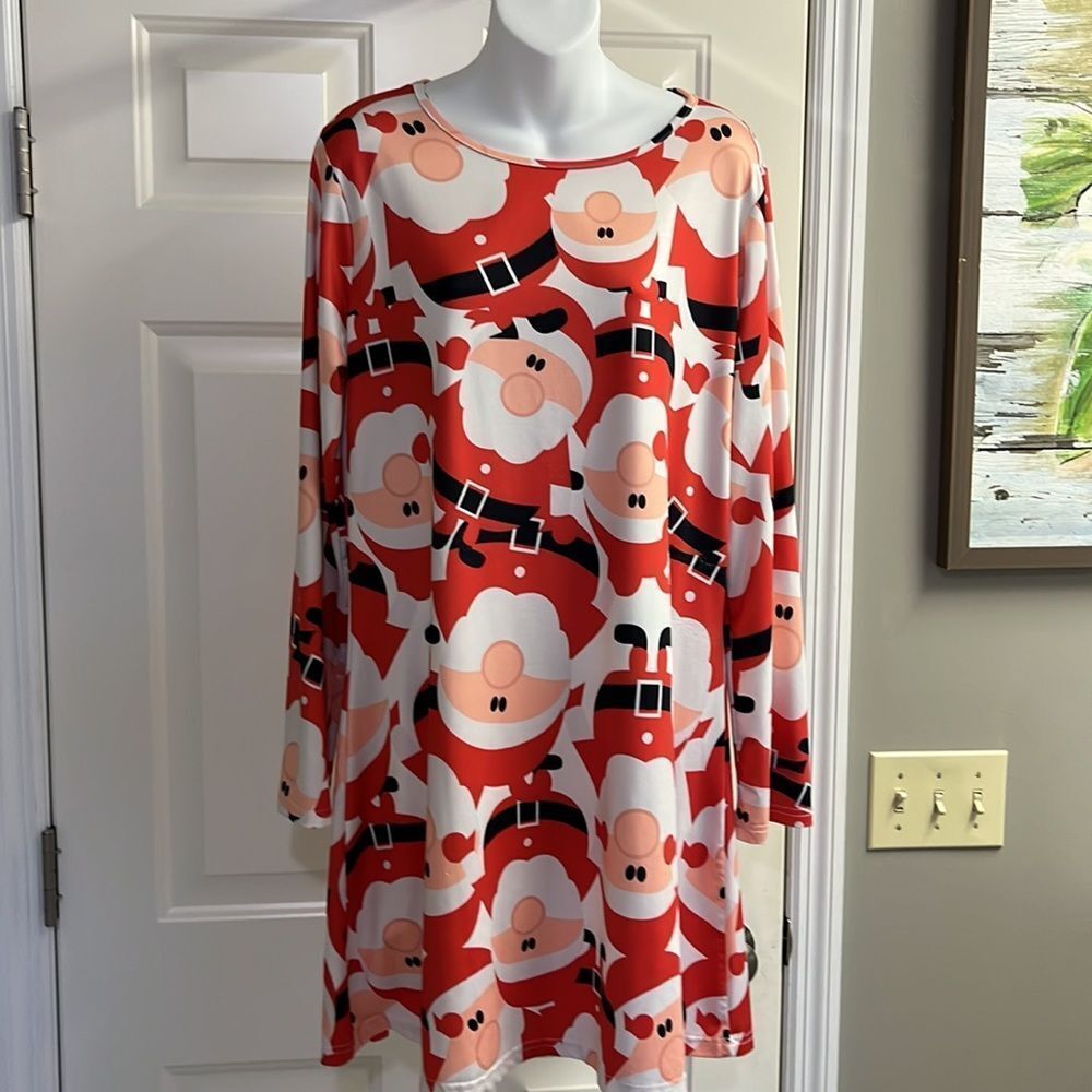 Holiday Santa Pullover Long Sleeve Knee Length Dress- Medium